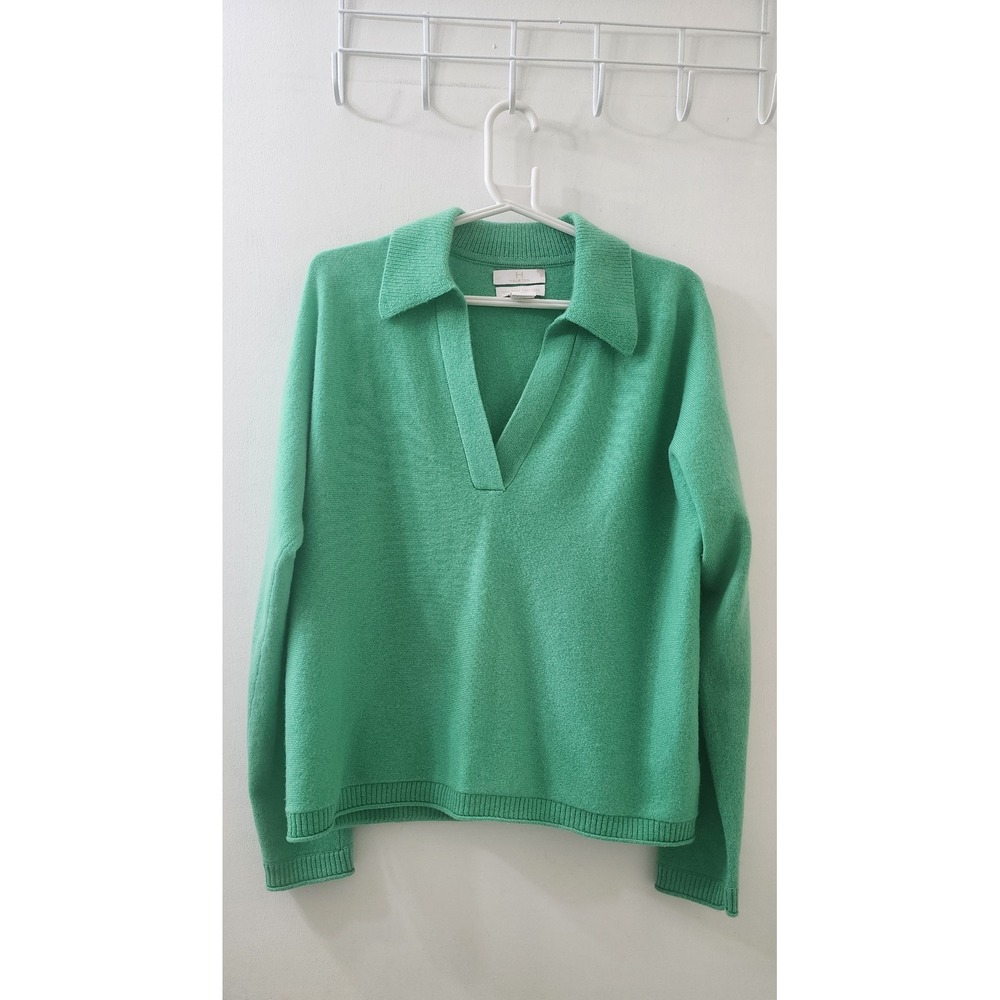 Halston Women Green 100% 2-Ply Cashmere V-Neck Collar Sweater Size L RN 75343